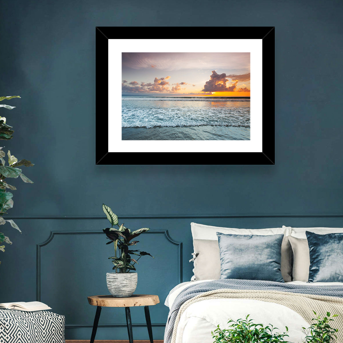 Golden Hour Beach Sunset Surf Wall Art in a room, landscape
