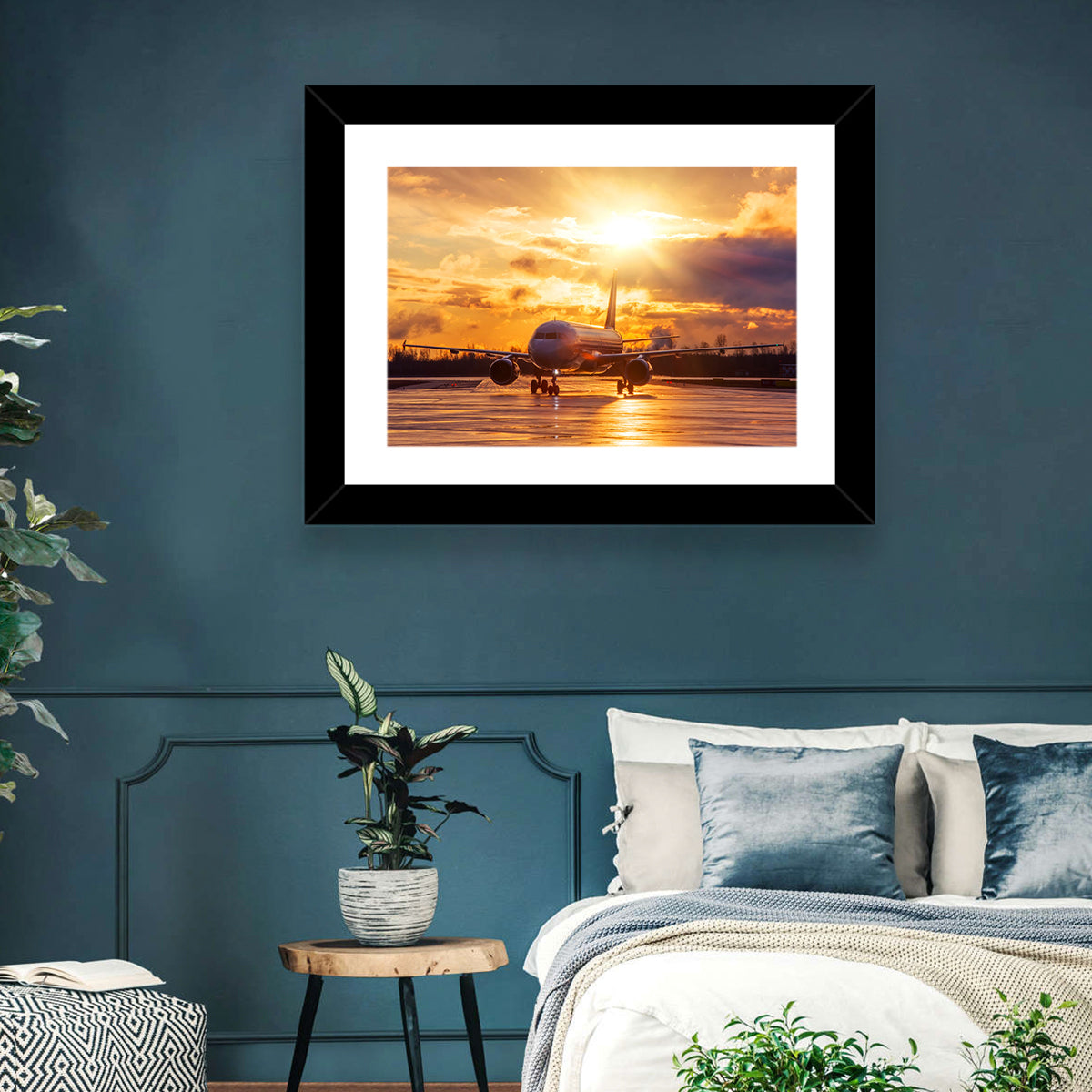 Golden Hour Airliner on Wet Runway Wall Art
