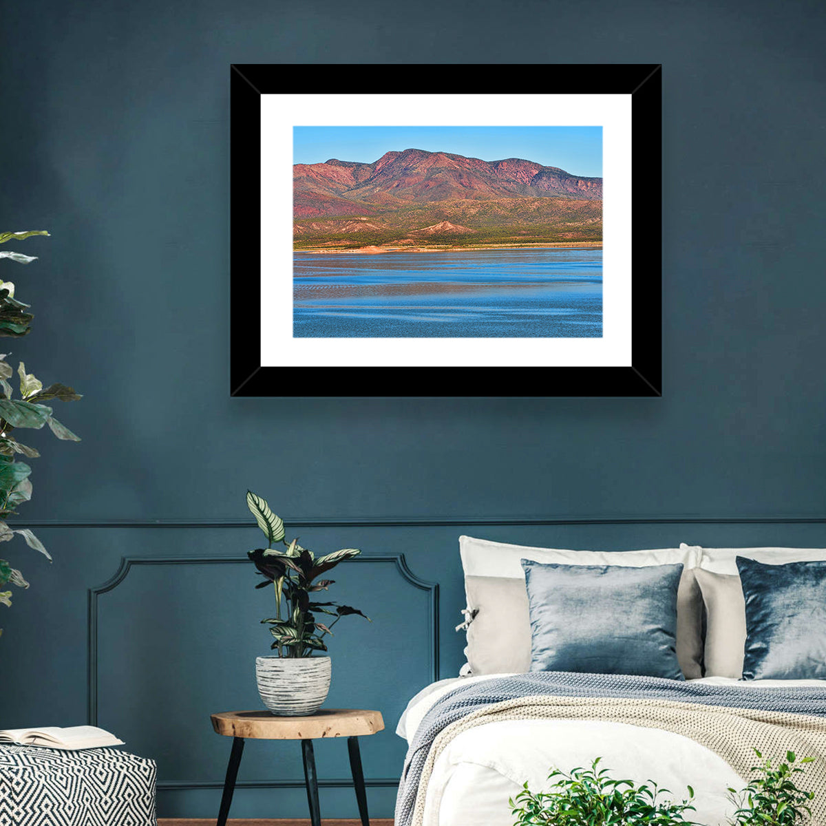 Blue Roosevelt Lake Vista Wall Art in a room, landscape