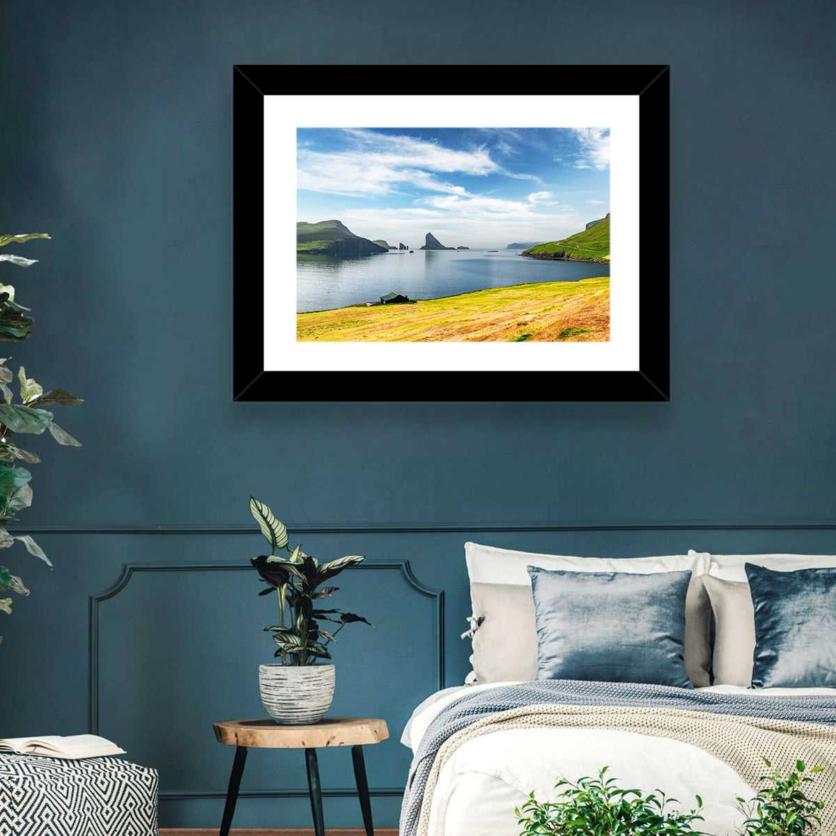 Tindhólmur and Drangarnir Coastal Bay Wall Art in a room, landscape