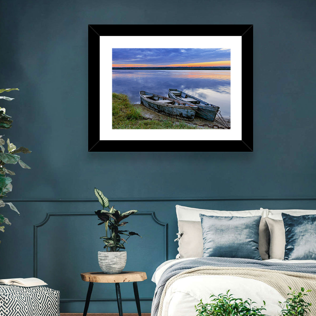 Chained Rowboats at Dusk Wall Art in a room, landscape