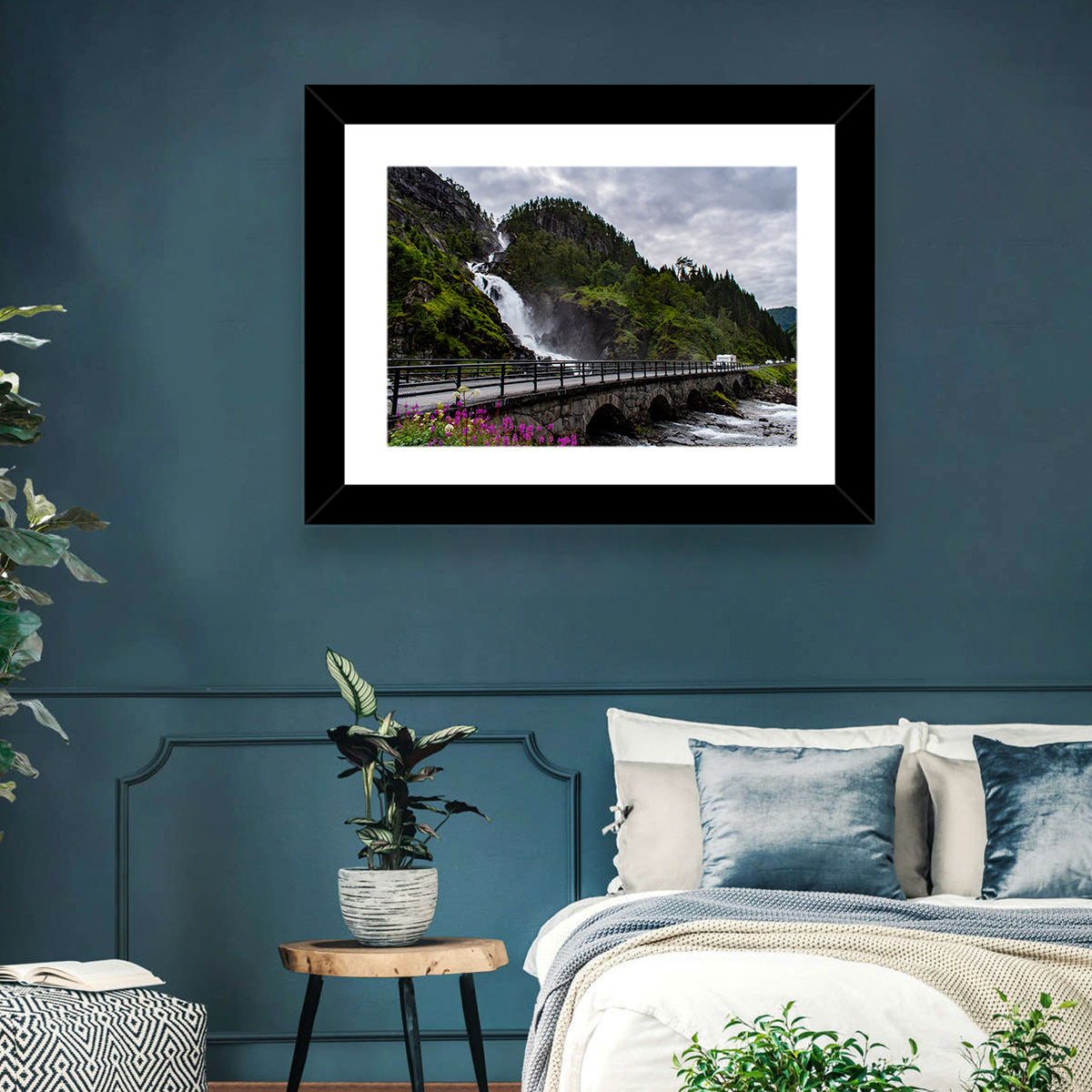 Låtefossen Stone Bridge and Waterfall Wall Art in a room, landscape