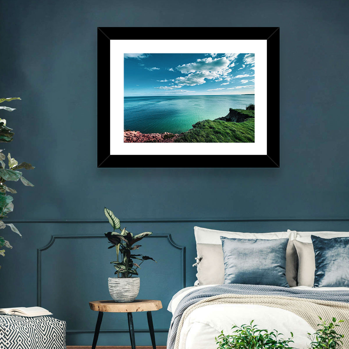 Coastal Cliffs Above a Turquoise Sea Wall Art in a room, landscape