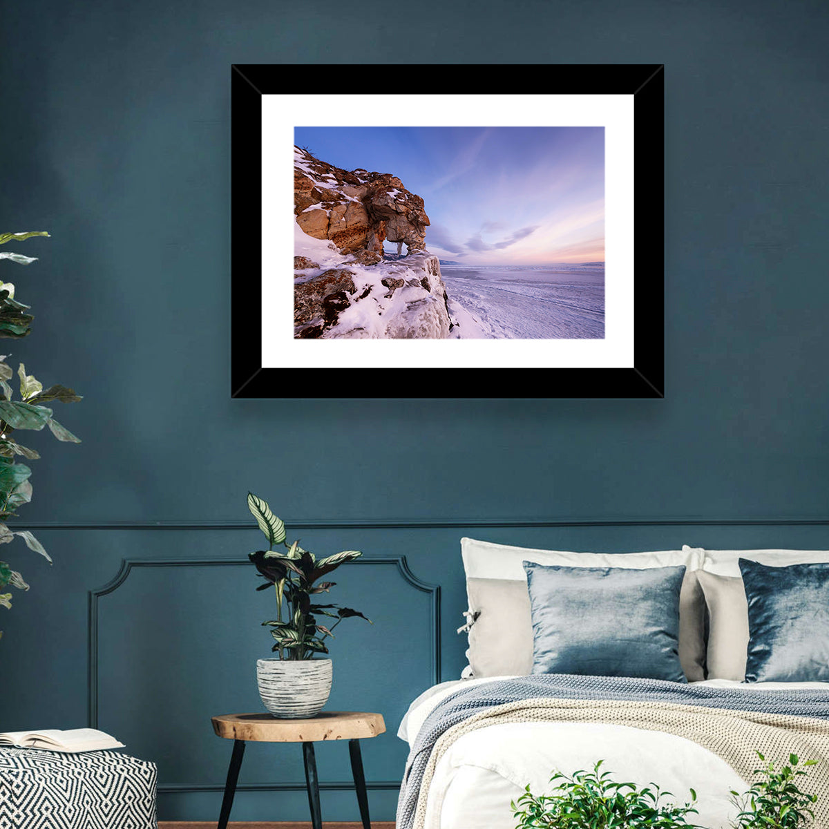 Lake Baikal Rock Arch at Winter Twilight Wall Art in a room, landscape