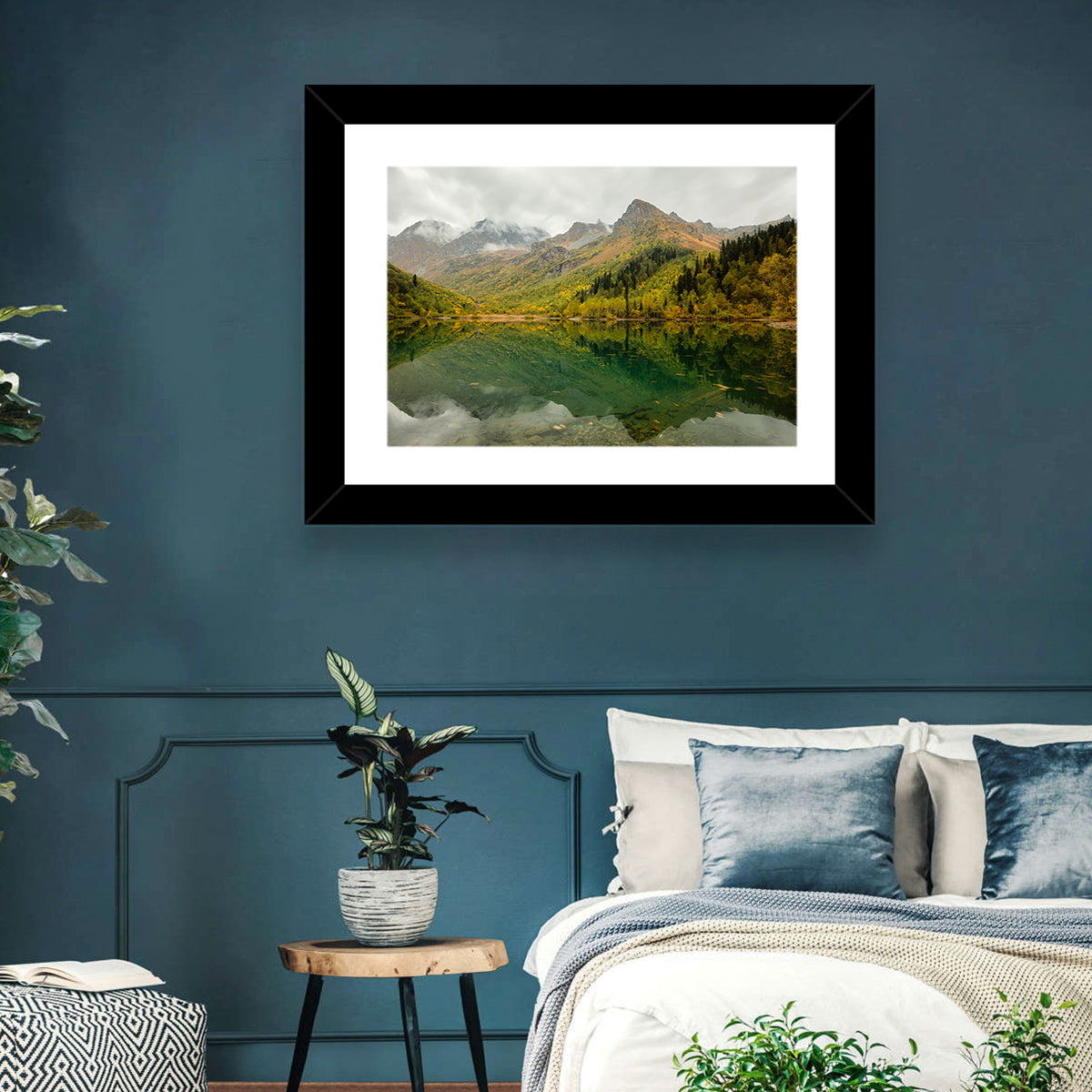 Kardyvach Lake Reflection Under Clouded Peaks Wall Art in a room, landscape