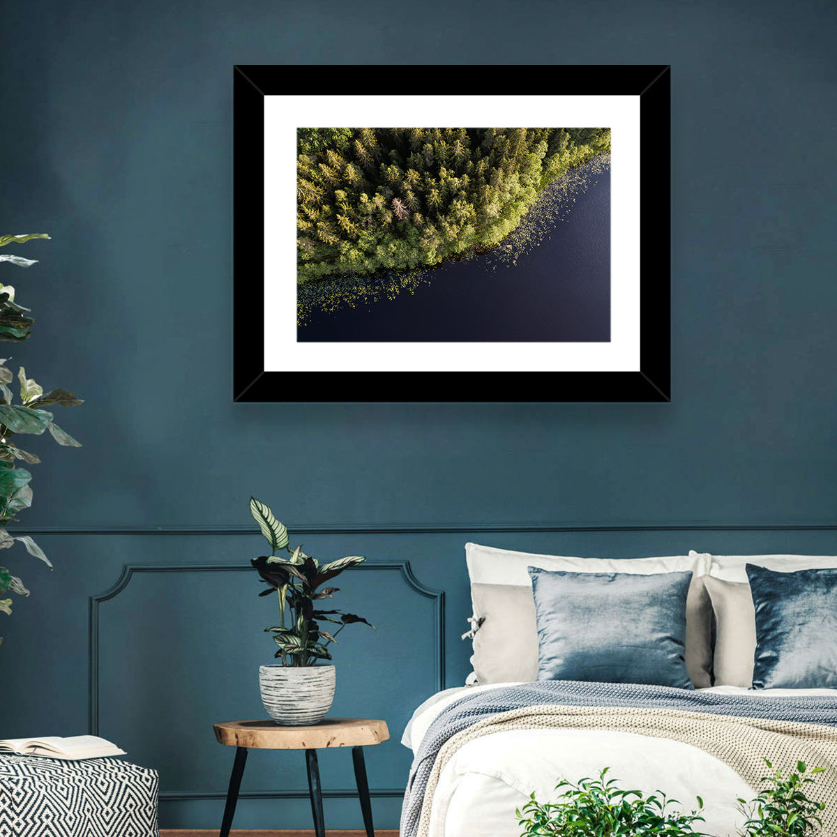 Aerial Lake with Red Boat Wall Art in a room, landscape