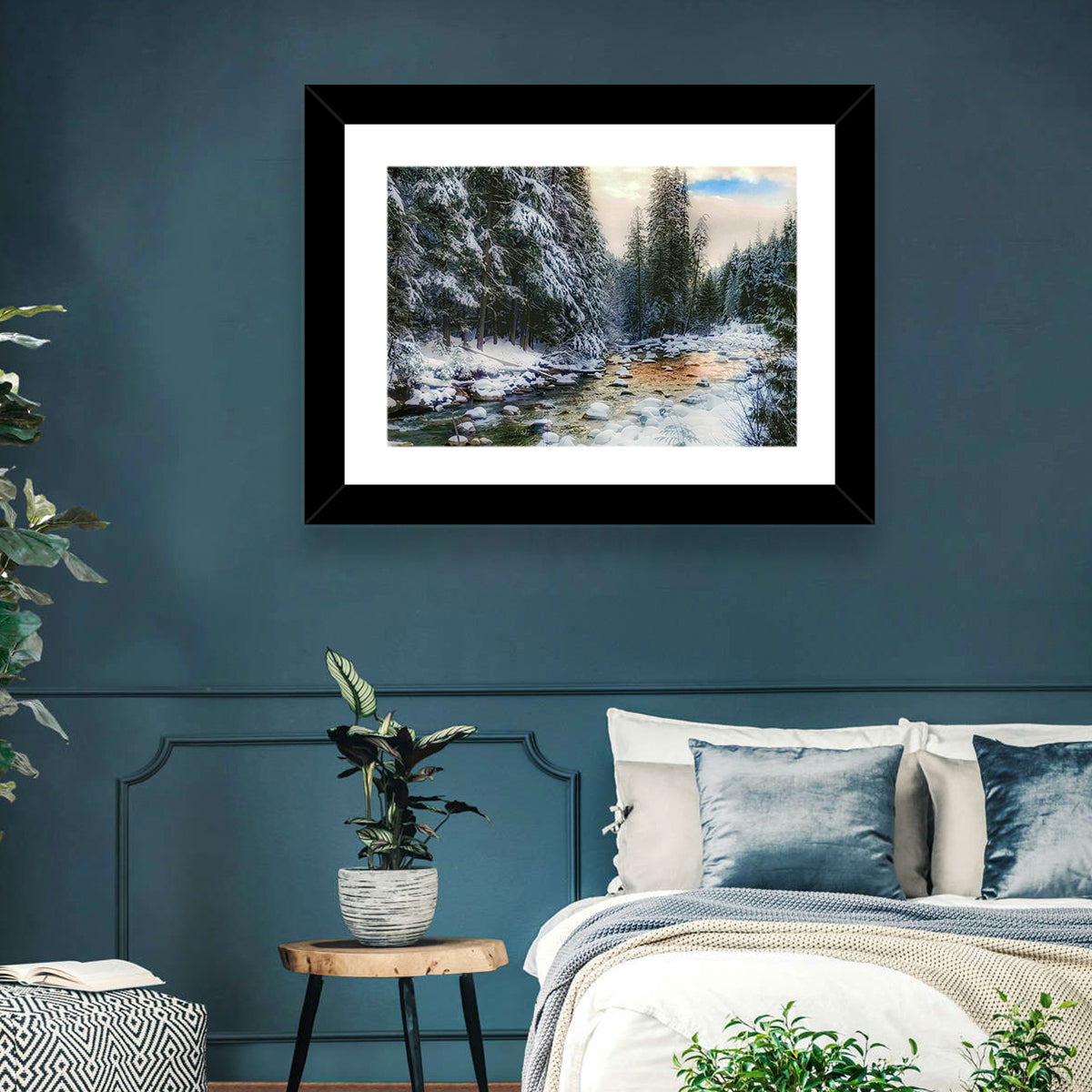 Winter Creek in Snowy Pines Wall Art in a room, landscape