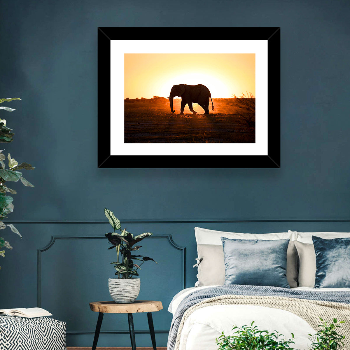Golden Hour Elephant Silhouette Wall Art in a room, landscape