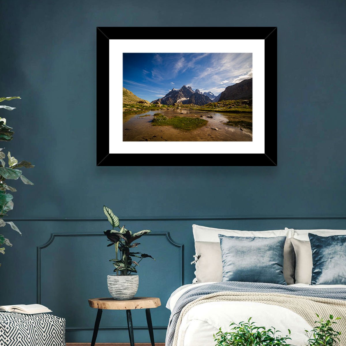 La Meije Alpine Lake and Stone Hut Wall Art in a room, landscape
