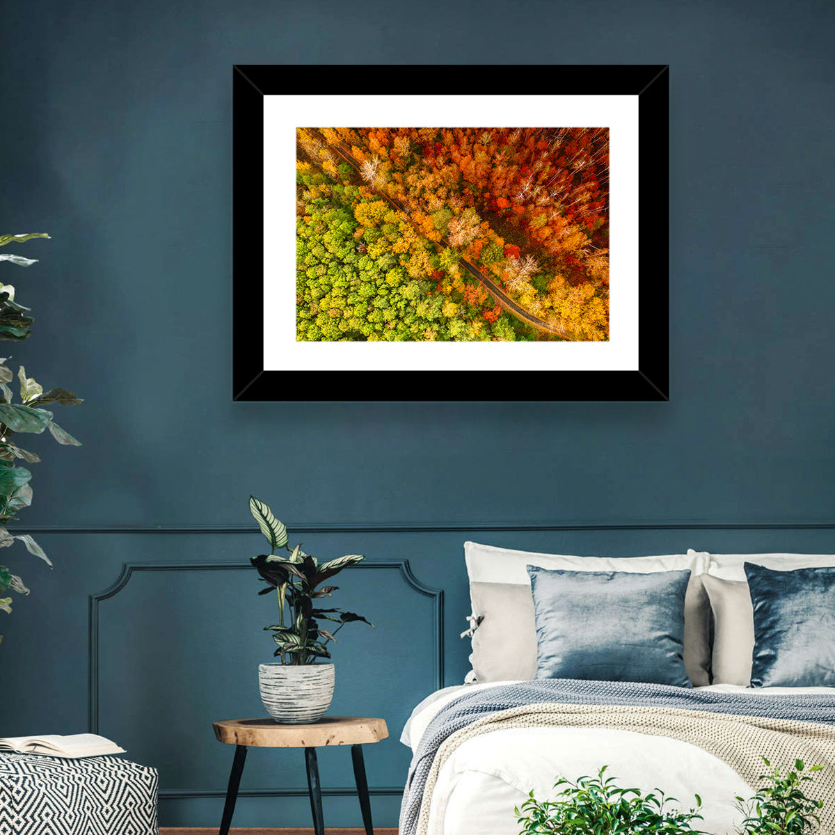 Winding Road Through Autumn Forest Wall Art in a room, landscape
