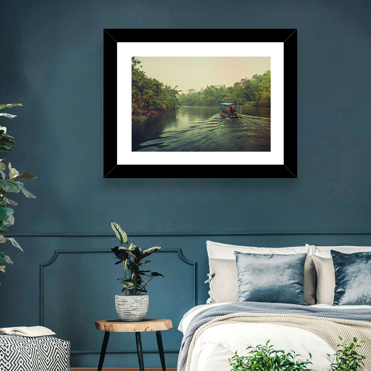 Misty Long-tail Boat on River Kwai Wall Art in a room, landscape