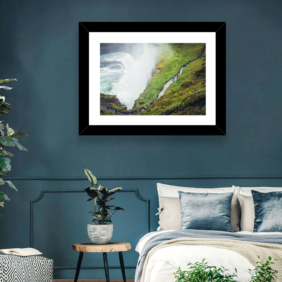 Misty Path at Gullfoss Waterfall Wall Art in a room, landscape