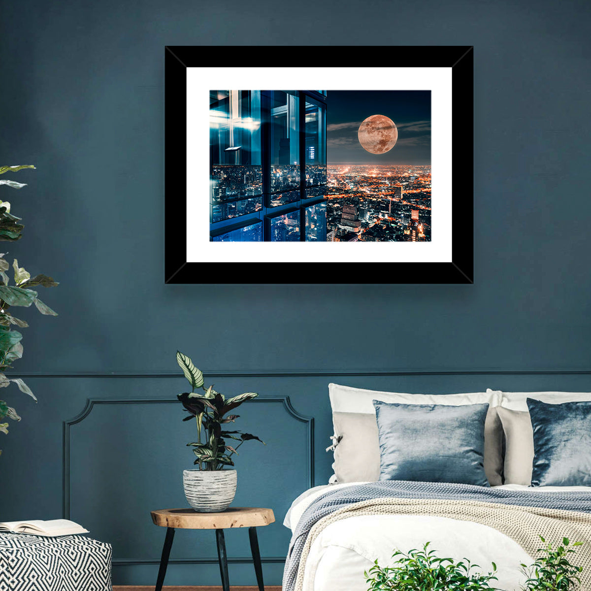 Bangkok Moonlit Skyline Wall Art in a room, landscape