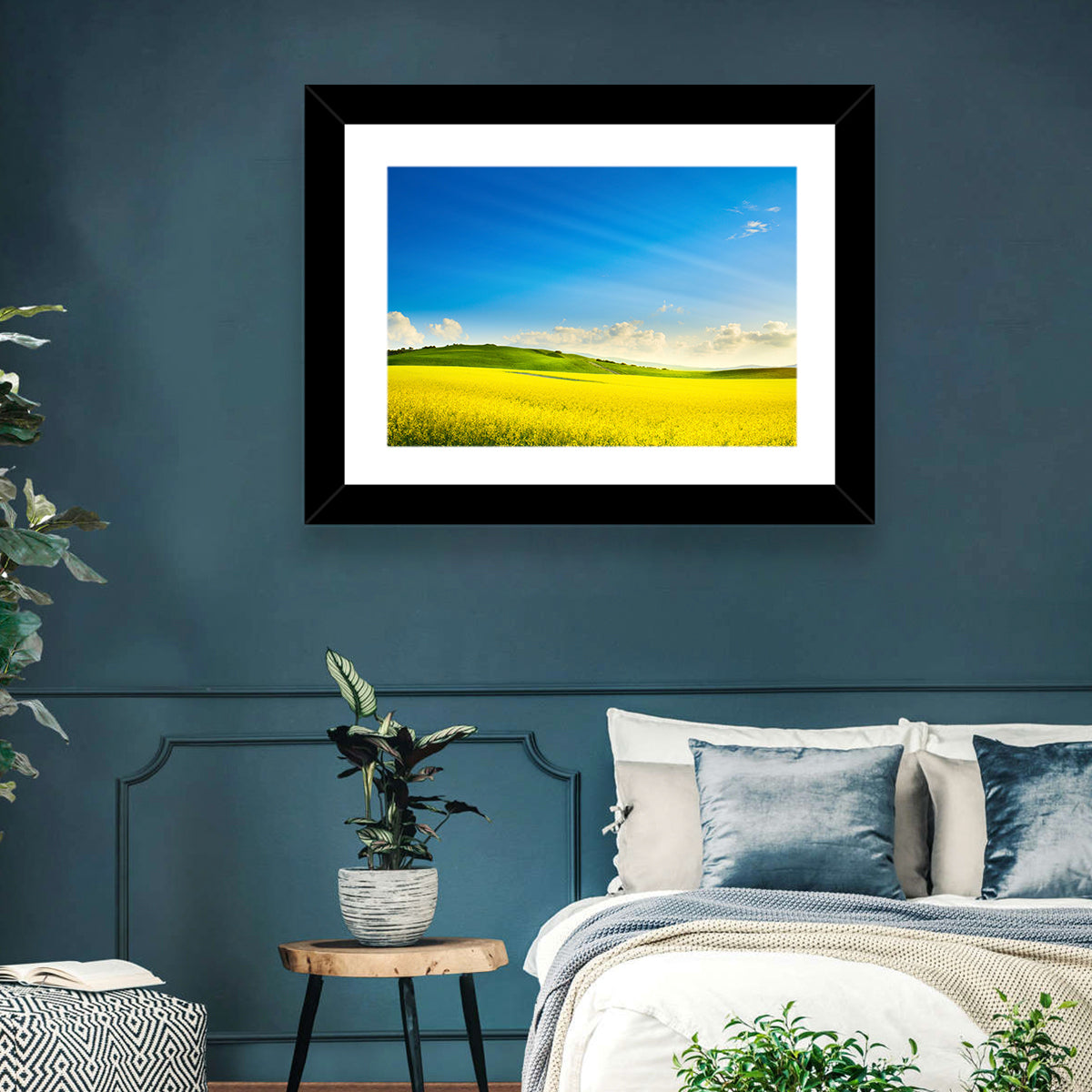 Rapeseed Field and Rolling Hills Under Blue Sky Wall Art in a room, landscape