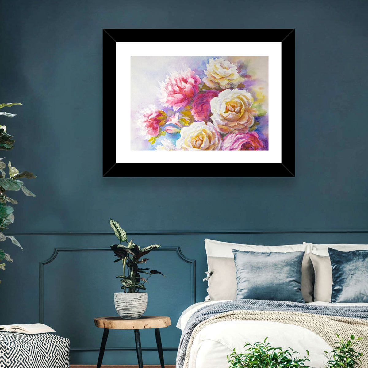 Watercolor Peony Bouquet Wall Art in a room, landscape