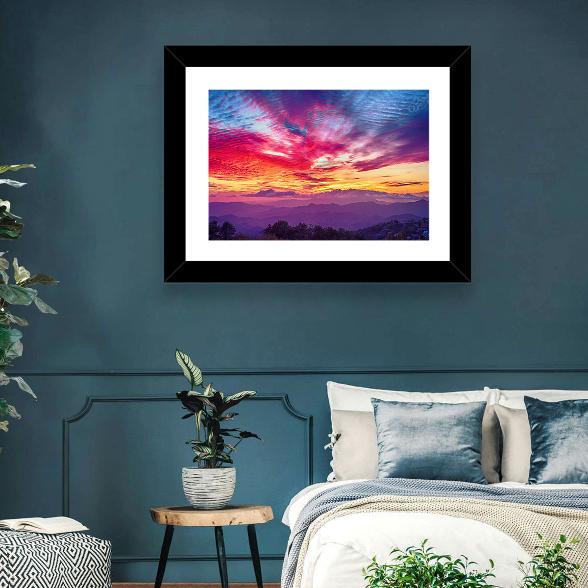 Golden Dusk Cloud Mountains Wall Art in a room, landscape