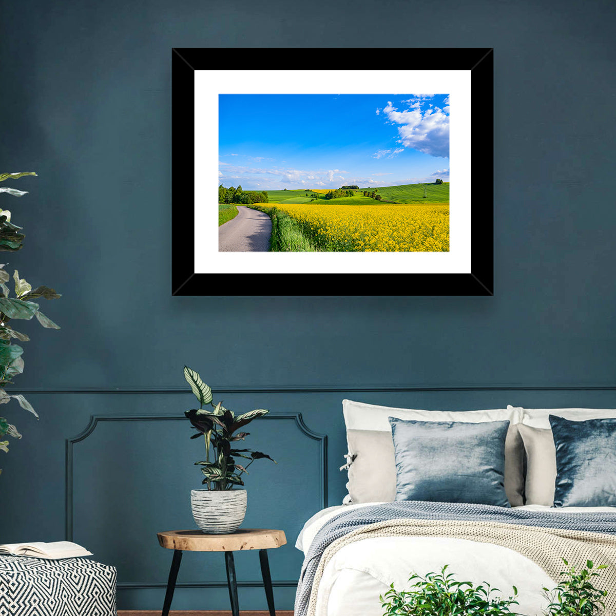 Rapeseed Field Road Under Blue Sky Wall Art in a room, landscape
