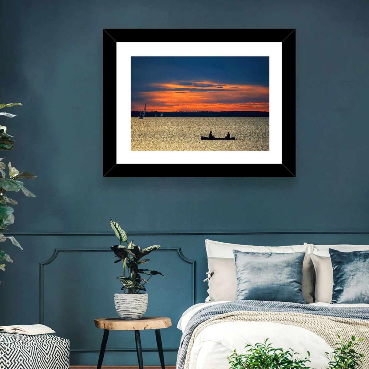 Ottawa River Sunset Canoe Wall Art in a room, landscape
