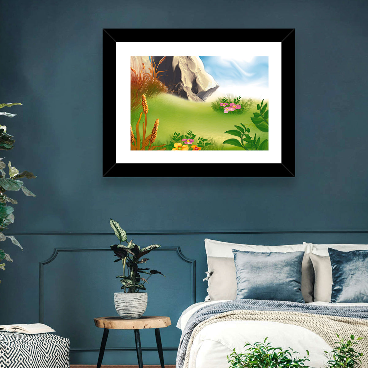 Sunny Mountain Meadow Illustration Wall Art in a room, landscape
