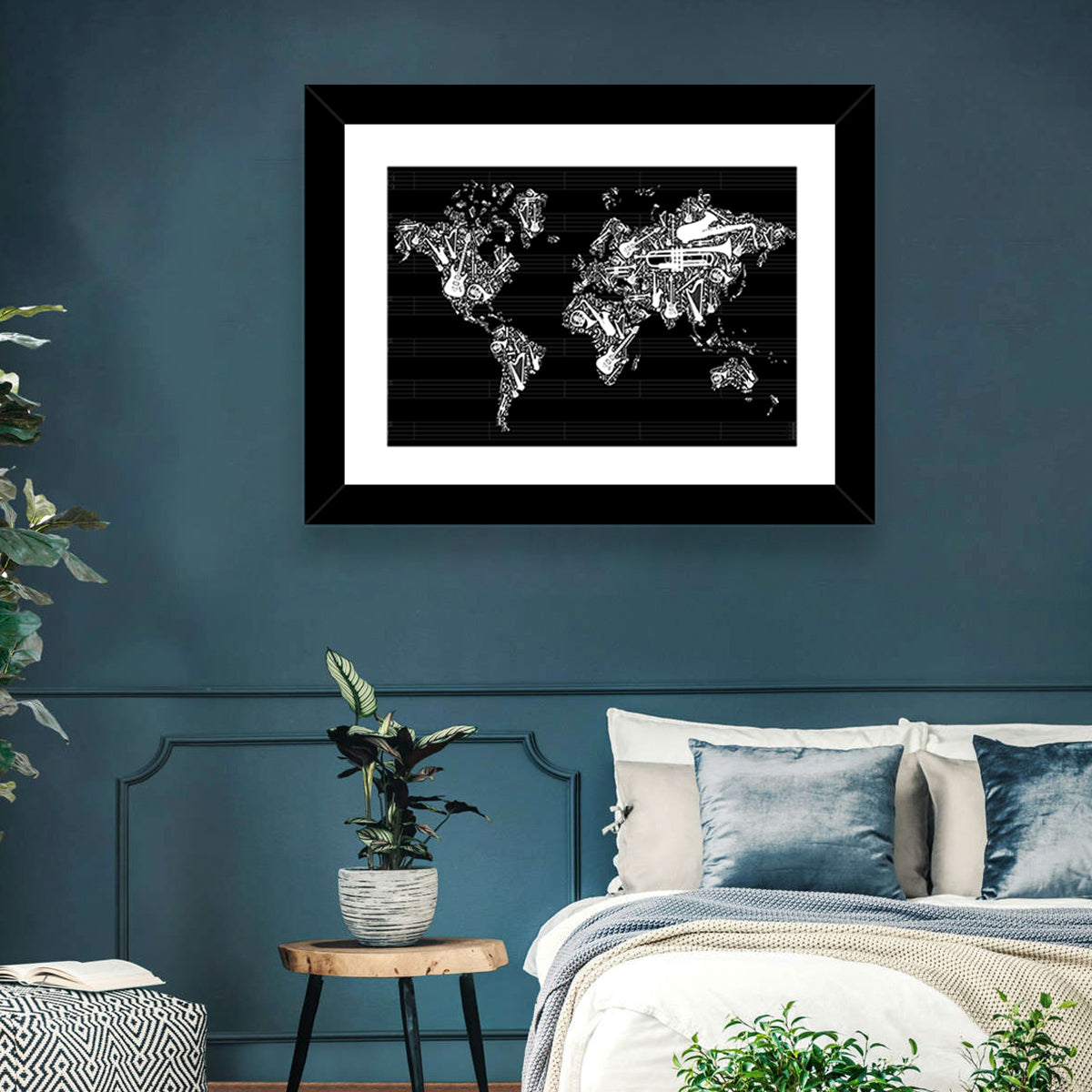 Instrument Silhouette World Map Wall Art in a room, landscape