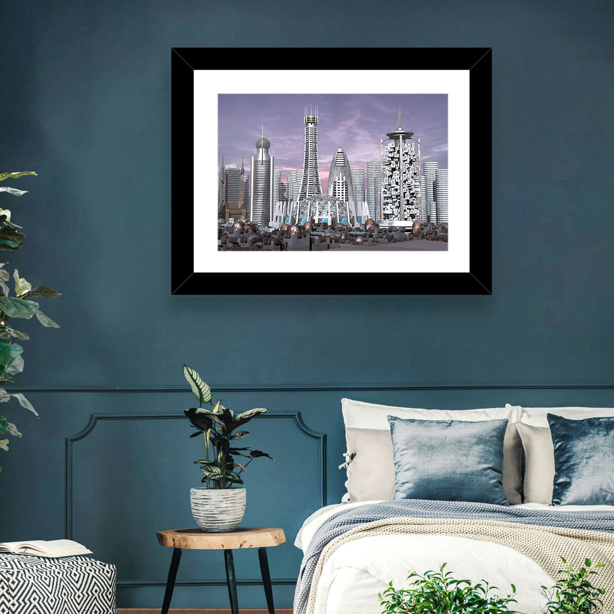 Purple Dusk Futuristic Cityscape Wall Art in a room, landscape