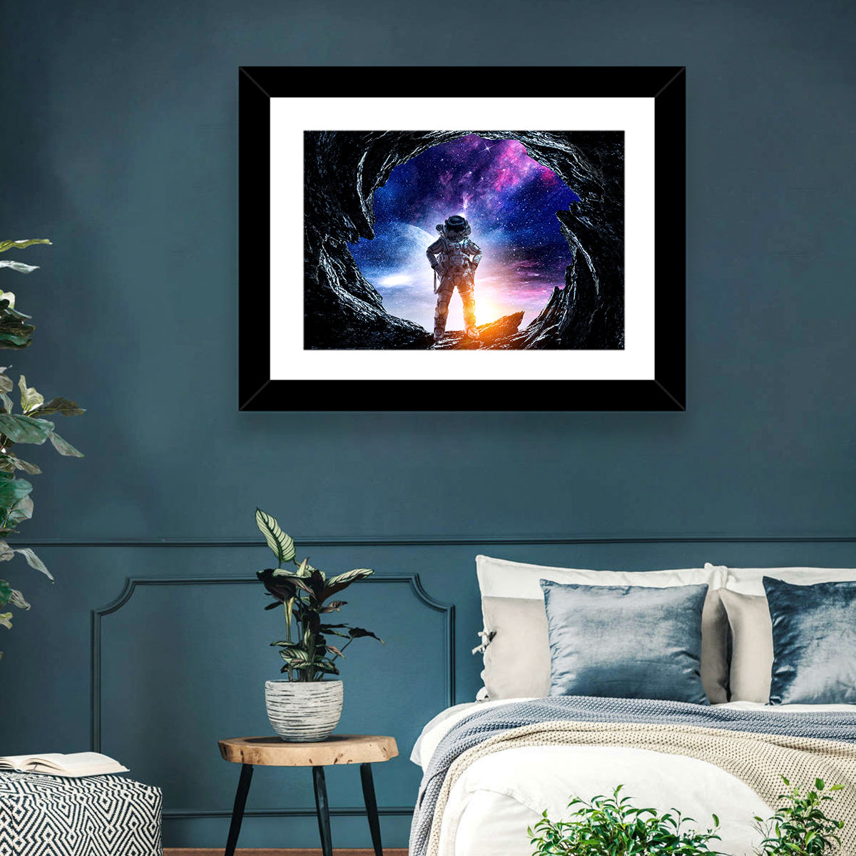 Astronaut at Alien Planet Cave Wall Art in a room, landscape
