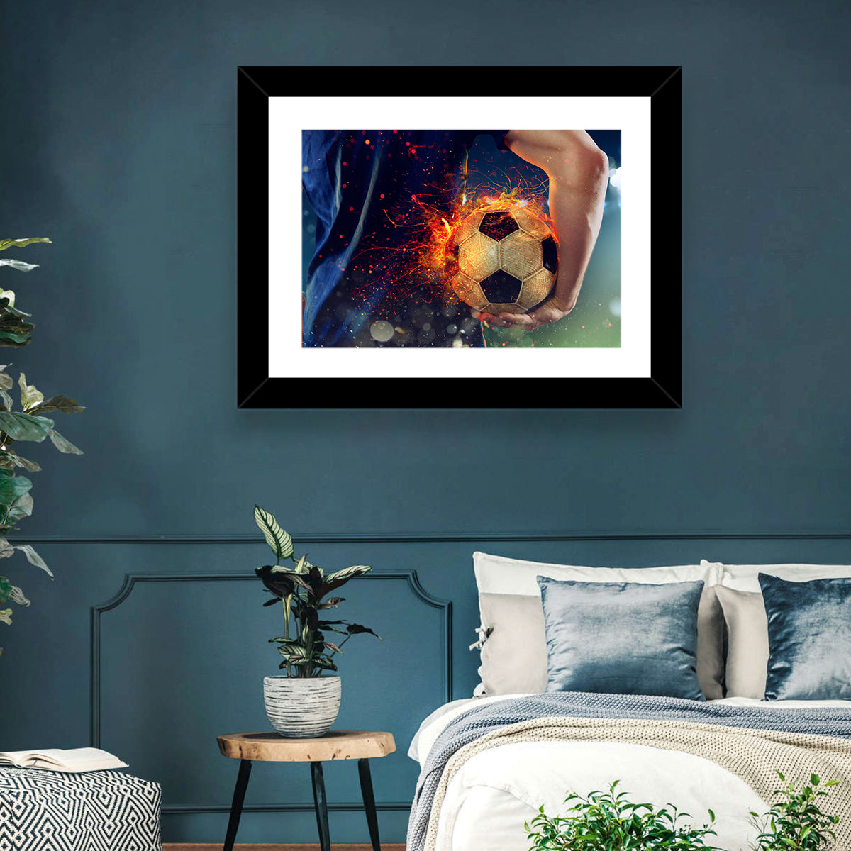 Fiery Soccer Ball and Blue Jersey Player Wall Art