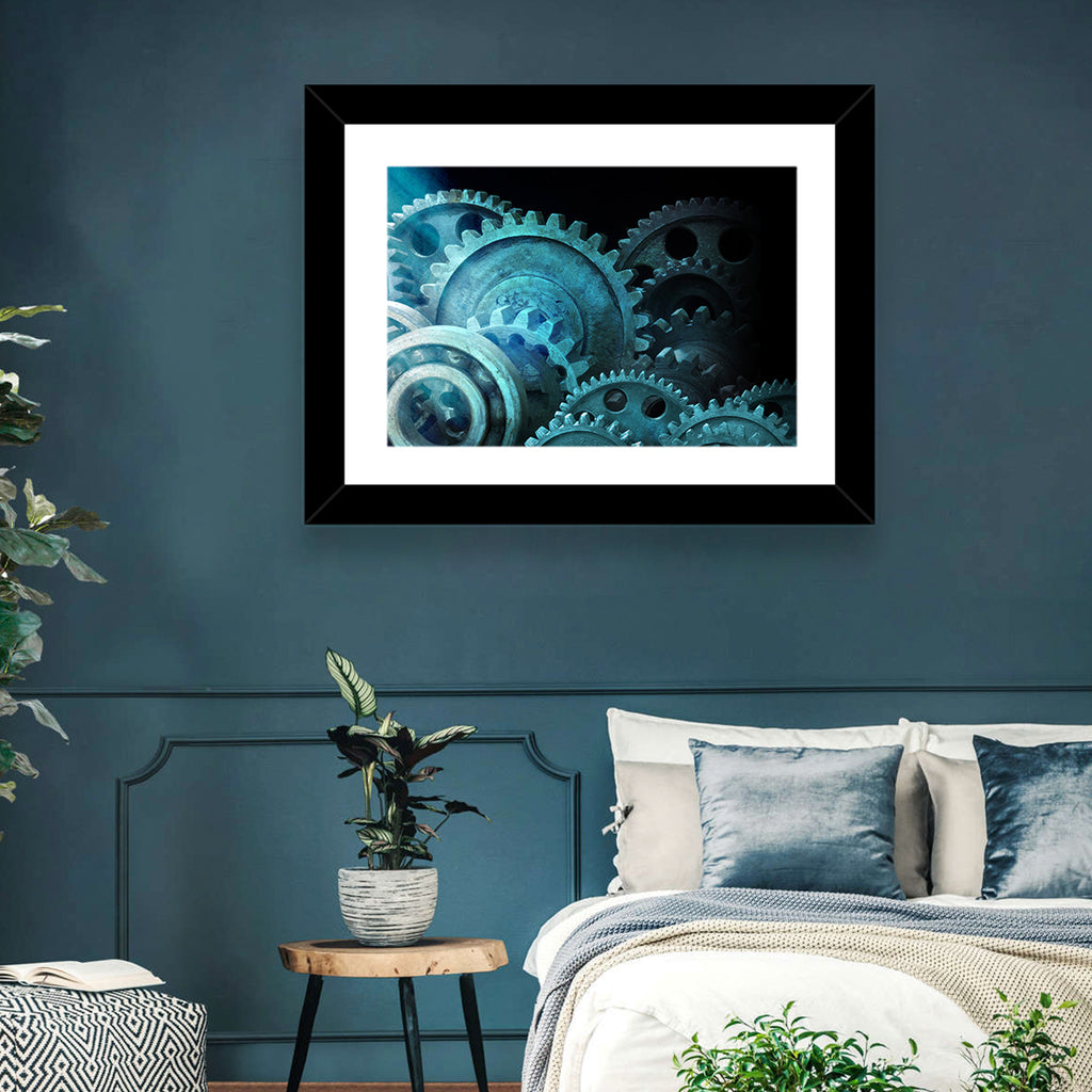 Teal and Steel Cogwheel Close-up Wall Art