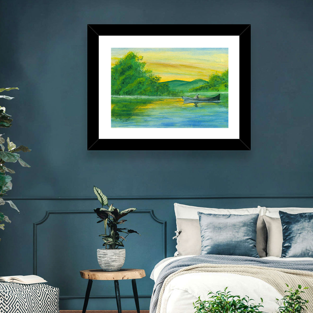 Rowboat on Serene Lake Watercolor Wall Art in a room, landscape