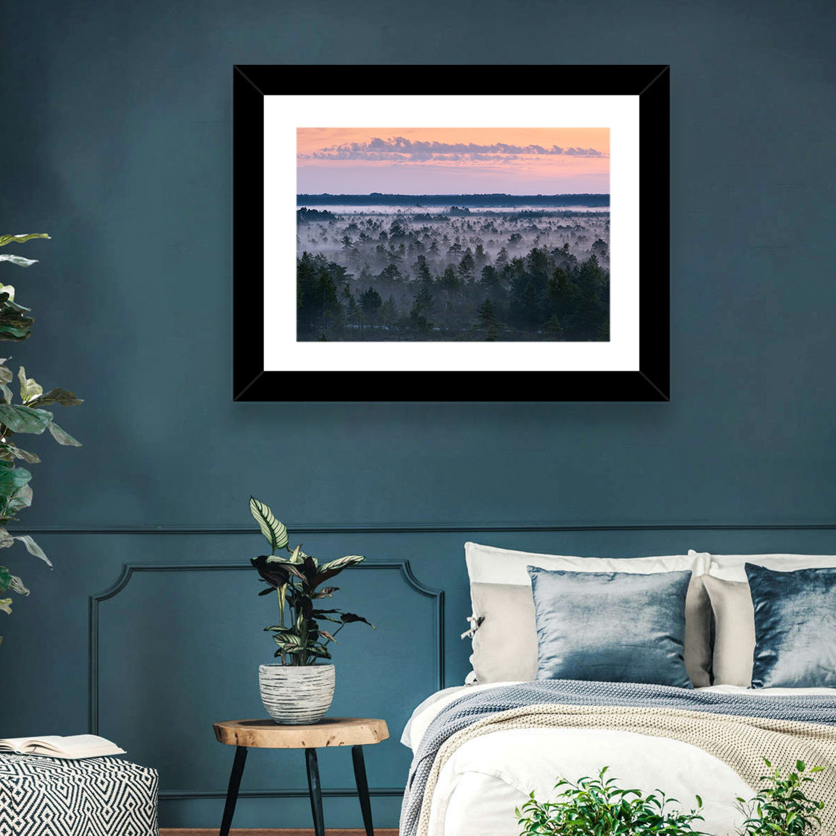 Estonian Misty Pine Landscape Wall Art in a room, landscape