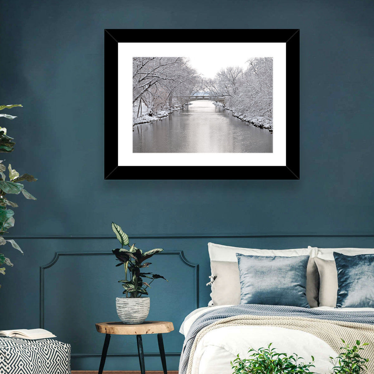 Yahara River Winter Stone Bridge Wall Art in a room, landscape