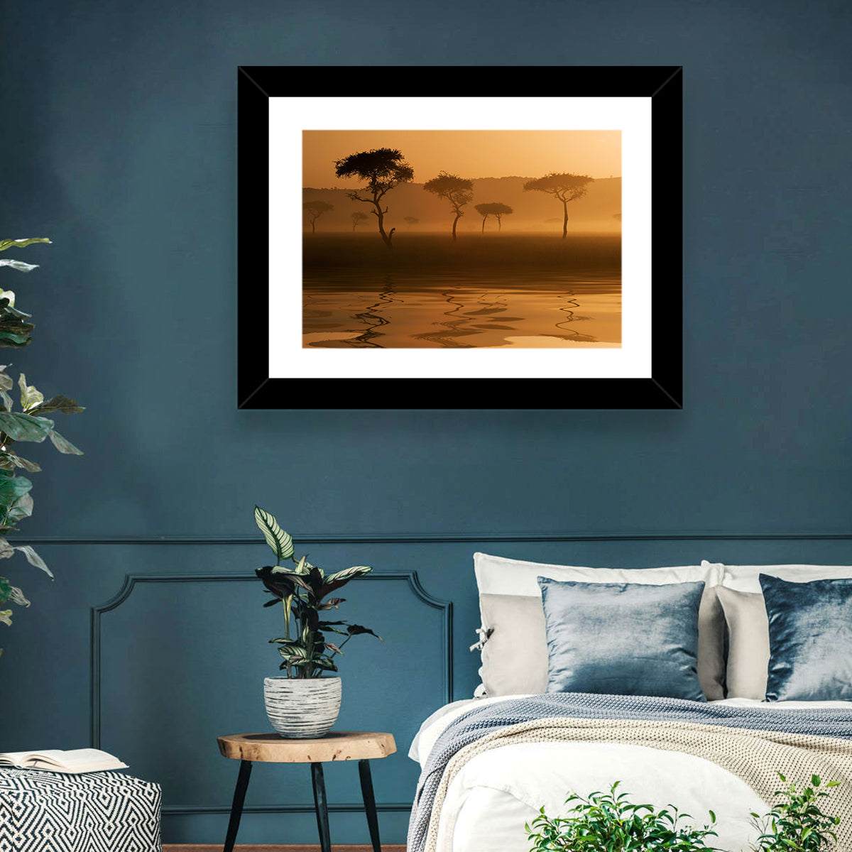 Savanna Sunset Acacia Silhouettes Wall Art in a room, landscape
