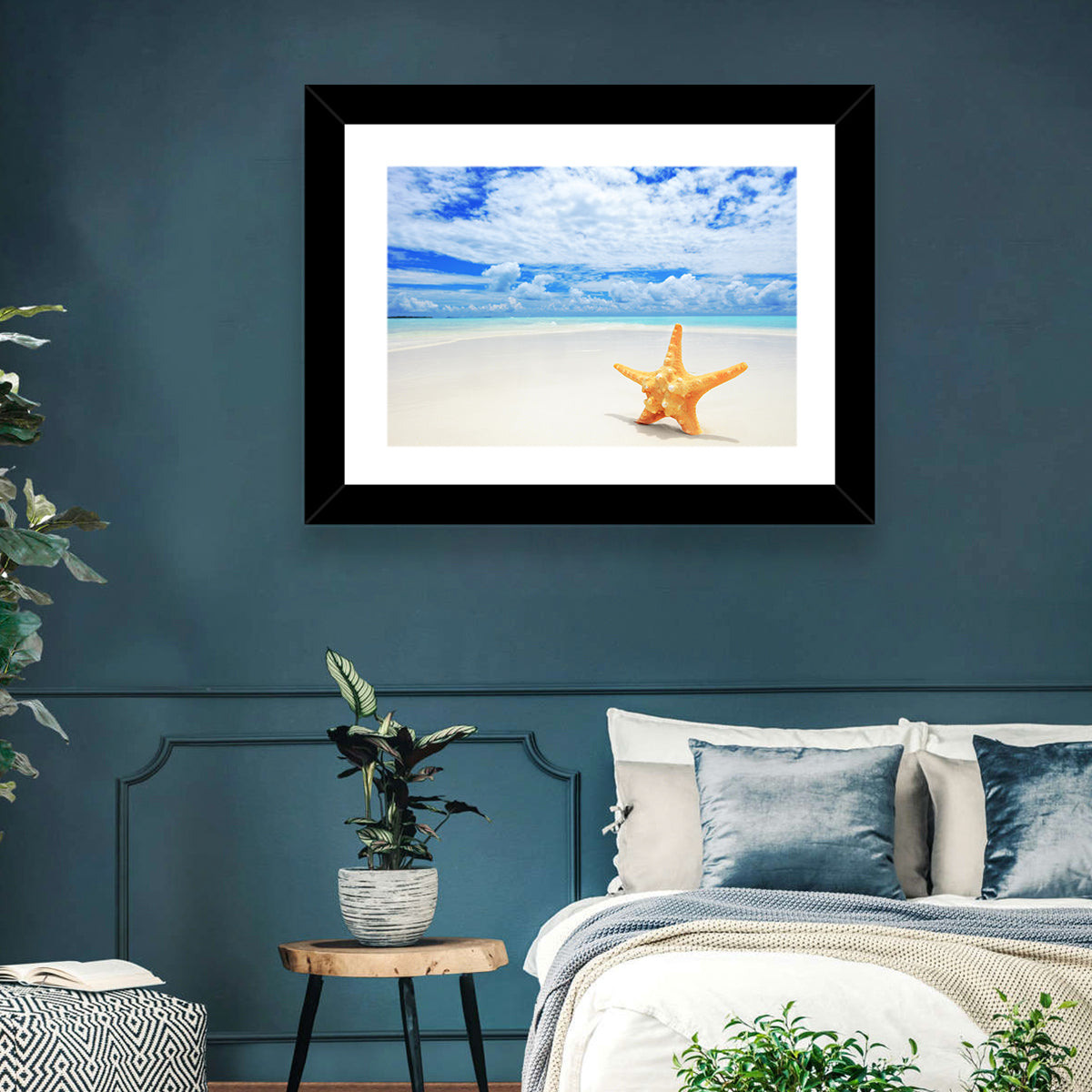 Minimalist Yellow Starfish on Turquoise Shore Wall Art in a room, landscape