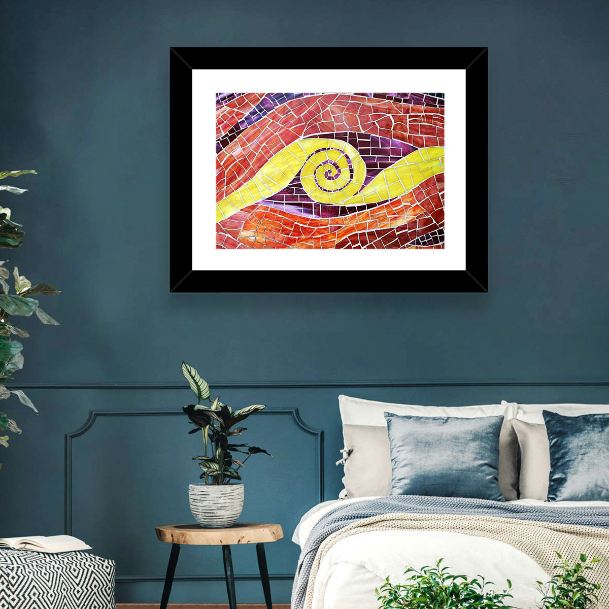 Red and Yellow Spiral Mosaic Wall Art in a room, landscape