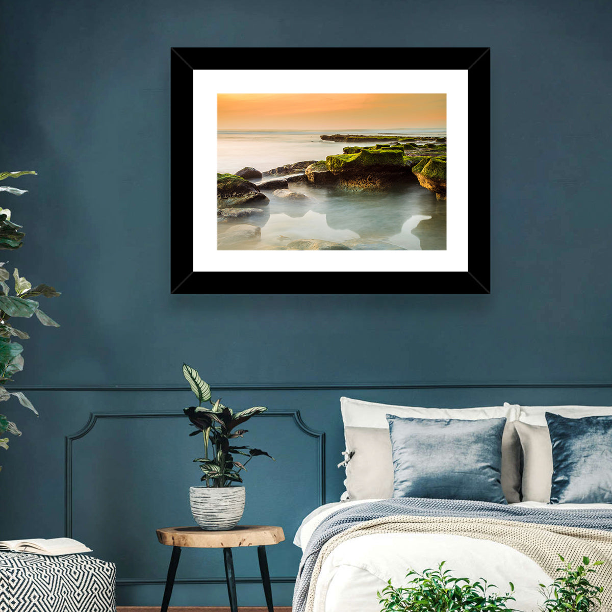 Mossy Rocky Coastline at Golden Hour Wall Art in a room, landscape