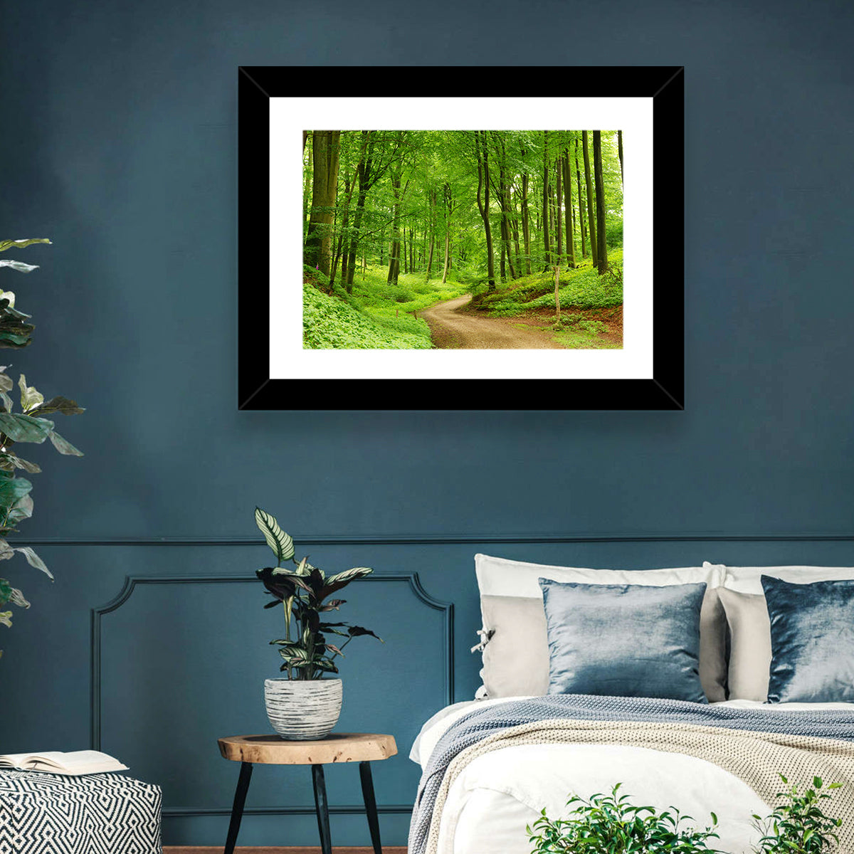 Sunlit Forest Path Wall Art in a room, landscape