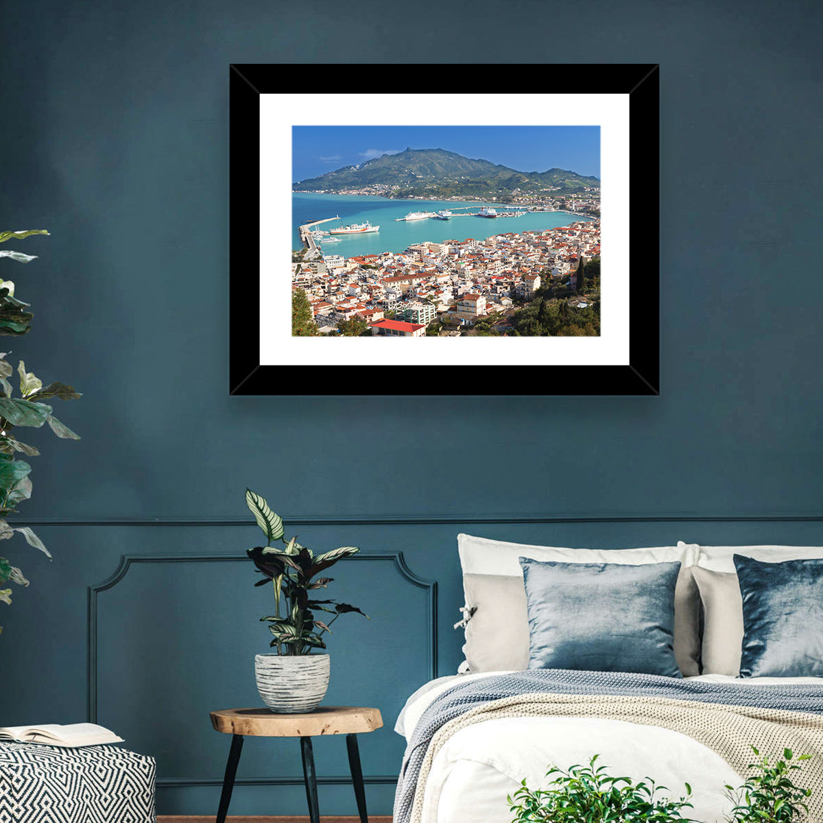 Zakynthos Harbor View Wall Art in a room, landscape