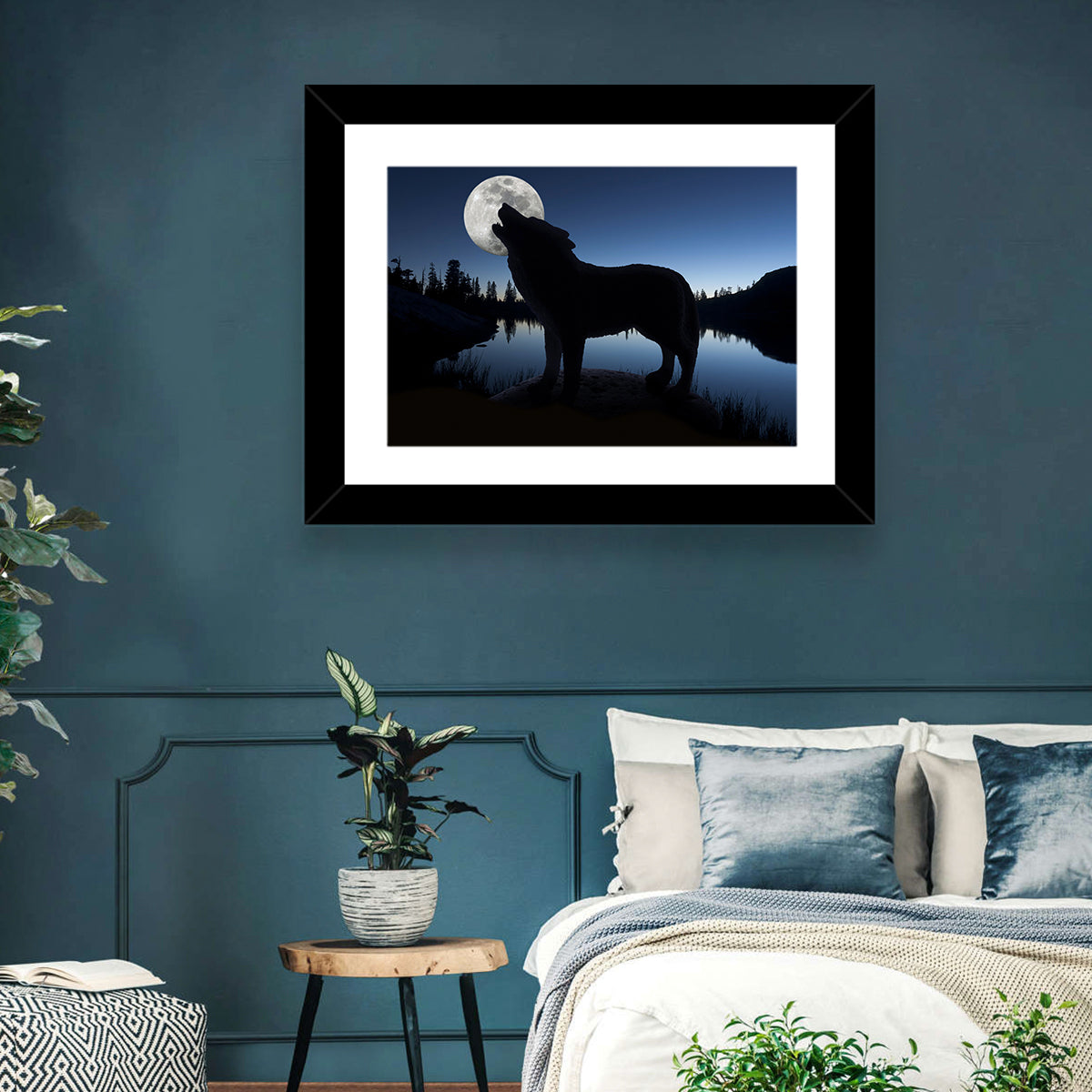 Howling Wolf at Full Moon Wall Art in a room, landscape