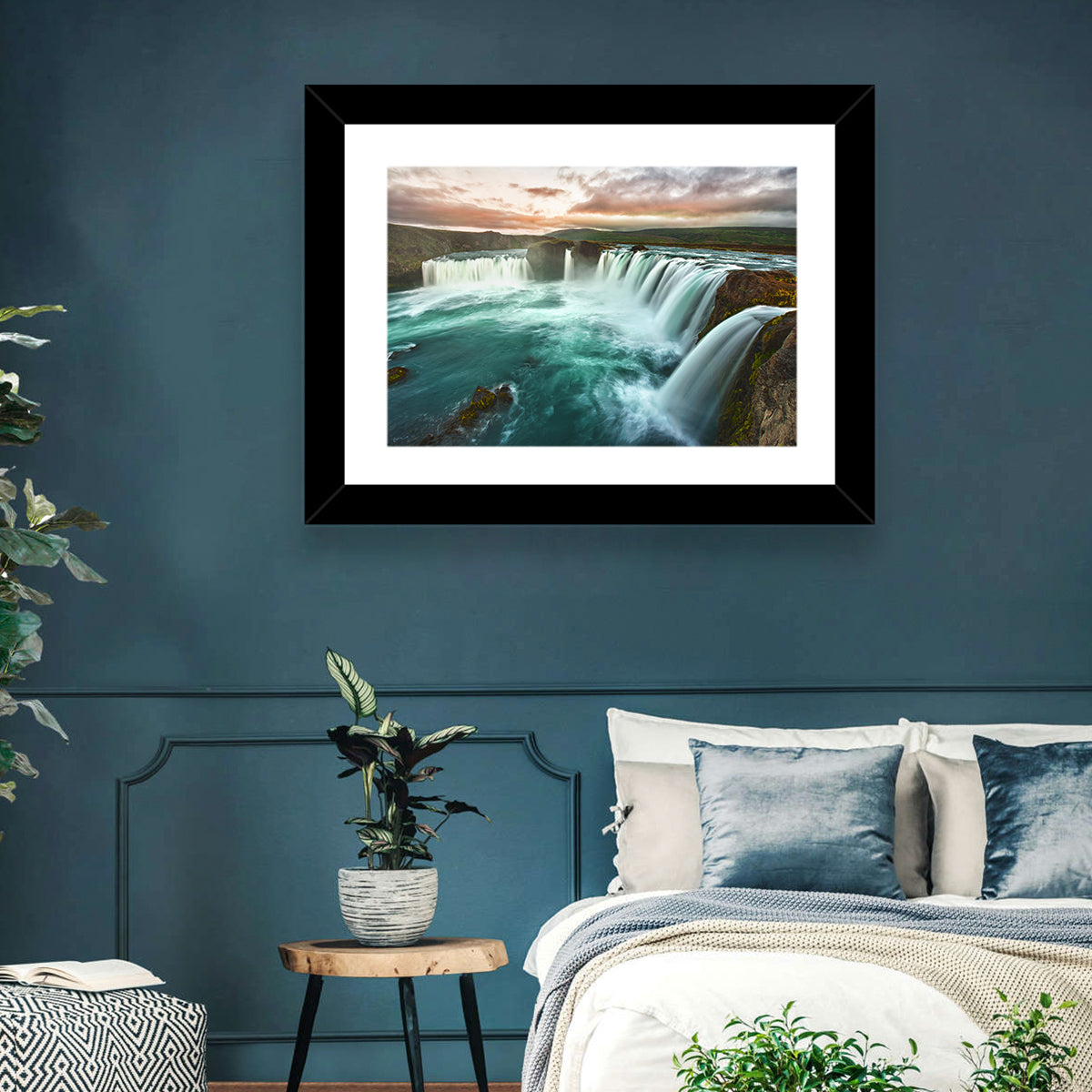 Goðafoss Waterfall at Golden Hour Wall Art in a room, landscape