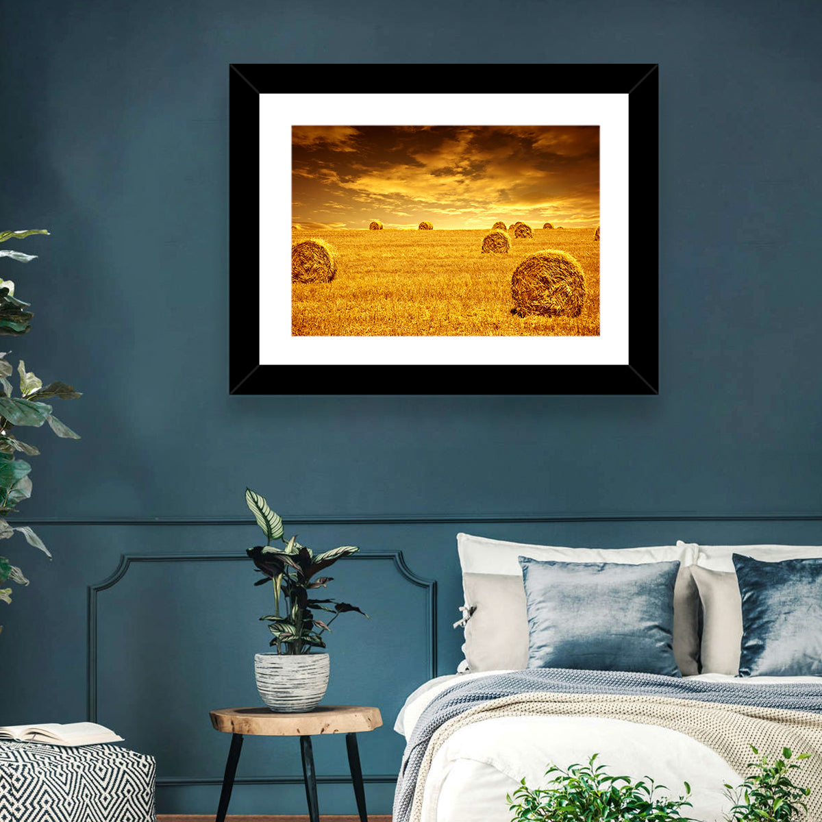Golden Hour Haystacks Wall Art in a room, landscape