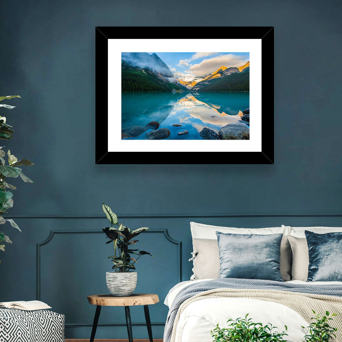 Lake Louise Sunrise Reflection Wall Art in a room, landscape