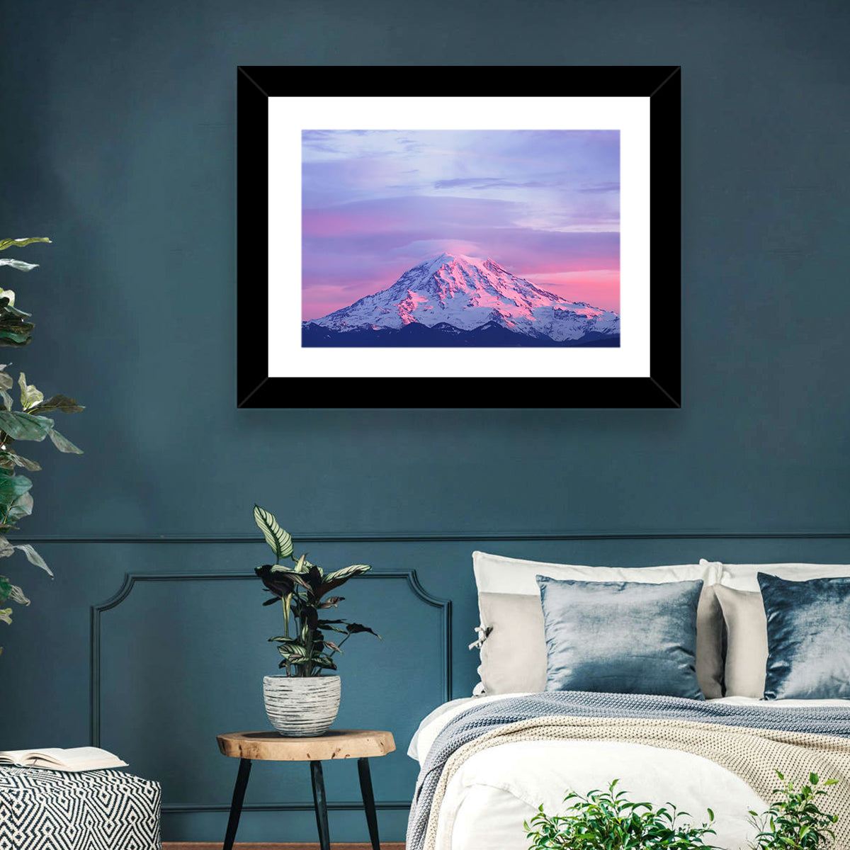 Mount Rainier Alpenglow with Lenticular Cloud Wall Art in a room, landscape