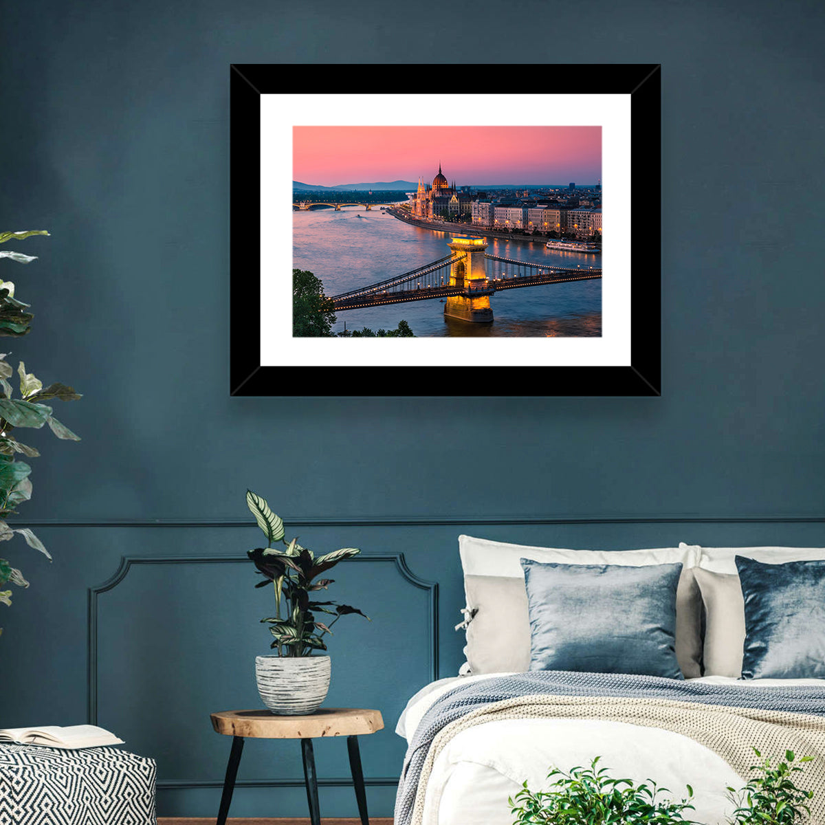 Budapest Chain Bridge at Twilight Wall Art in a room, landscape