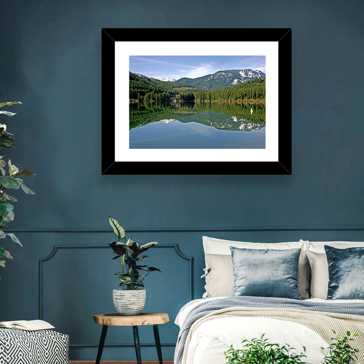 Lake Crescent Reflection Wall Art in a room, landscape