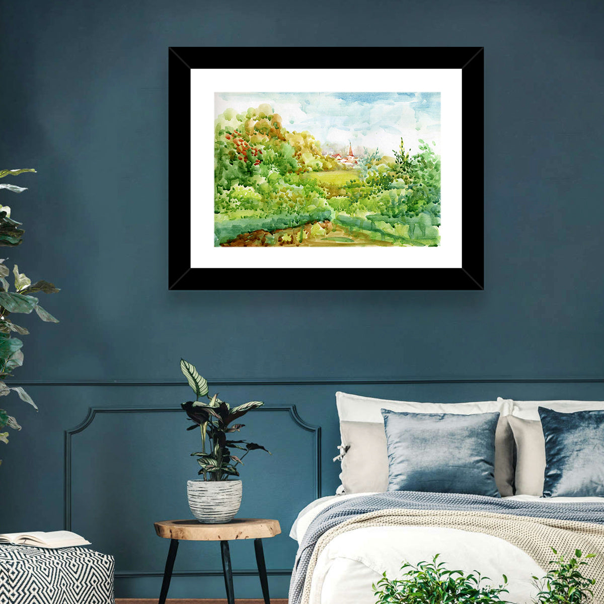 Red Steeple Village Watercolor Wall Art in a room, landscape