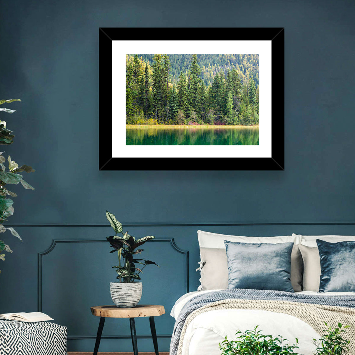 Tranquil Forest Lake Wall Art in a room, landscape