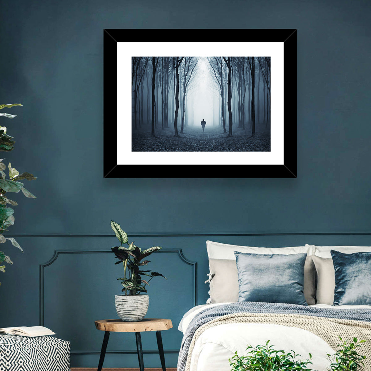Lone Figure in Misty Forest Wall Art in a room, landscape
