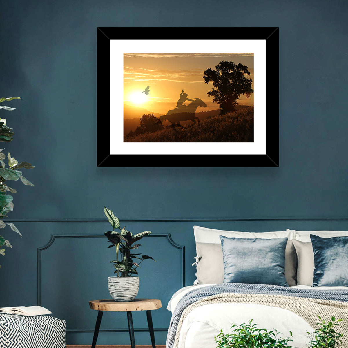 Cowboy Silhouette at Golden Sunset Wall Art