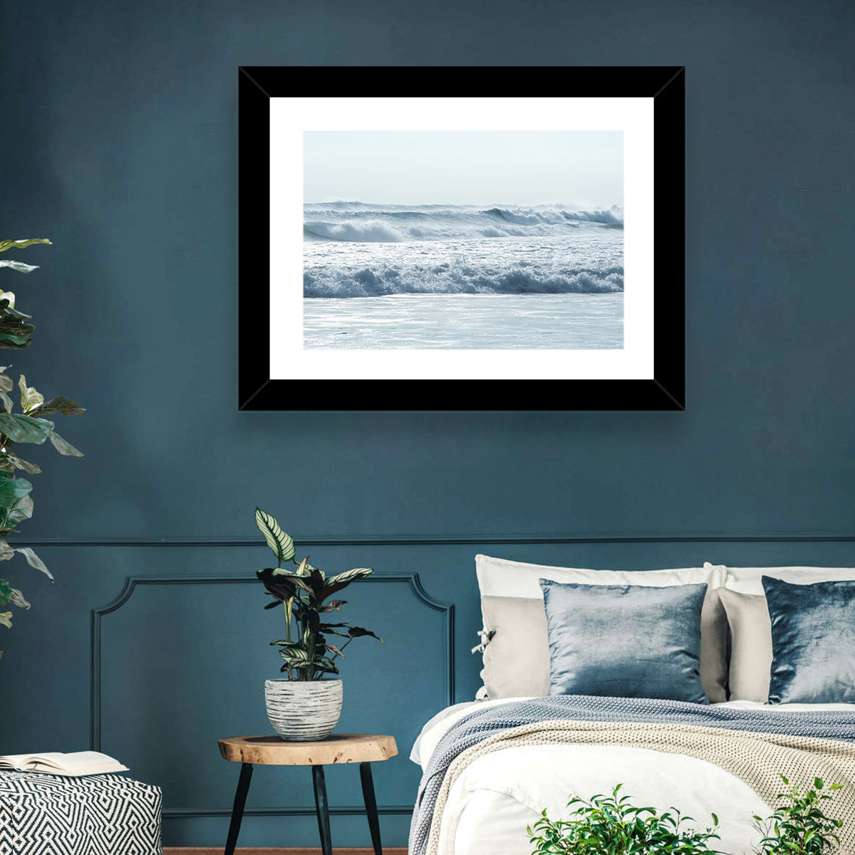 Misty Horizon Ocean Waves Wall Art in a room, landscape