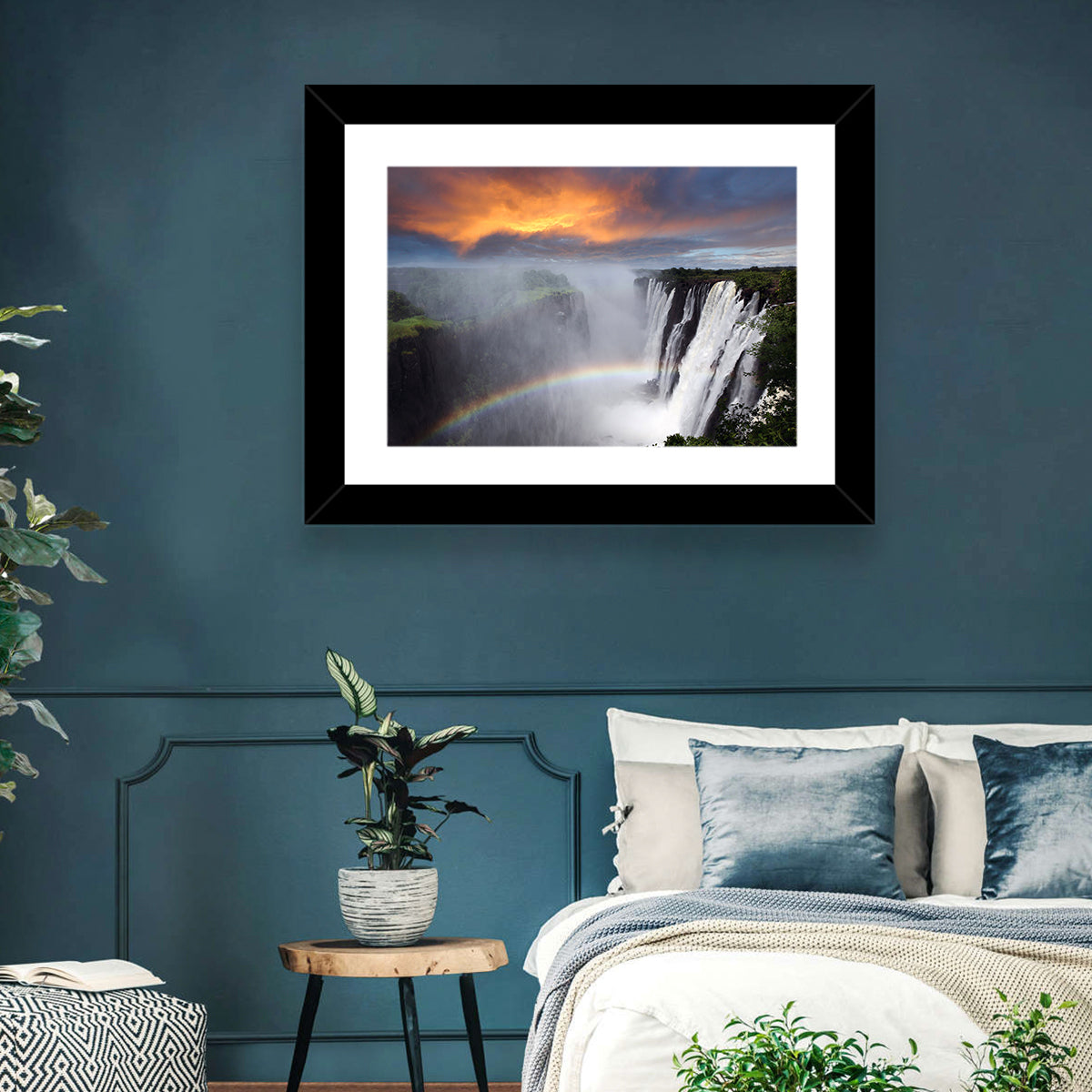 Victoria Falls Rainbow at Dusk Wall Art in a room, landscape